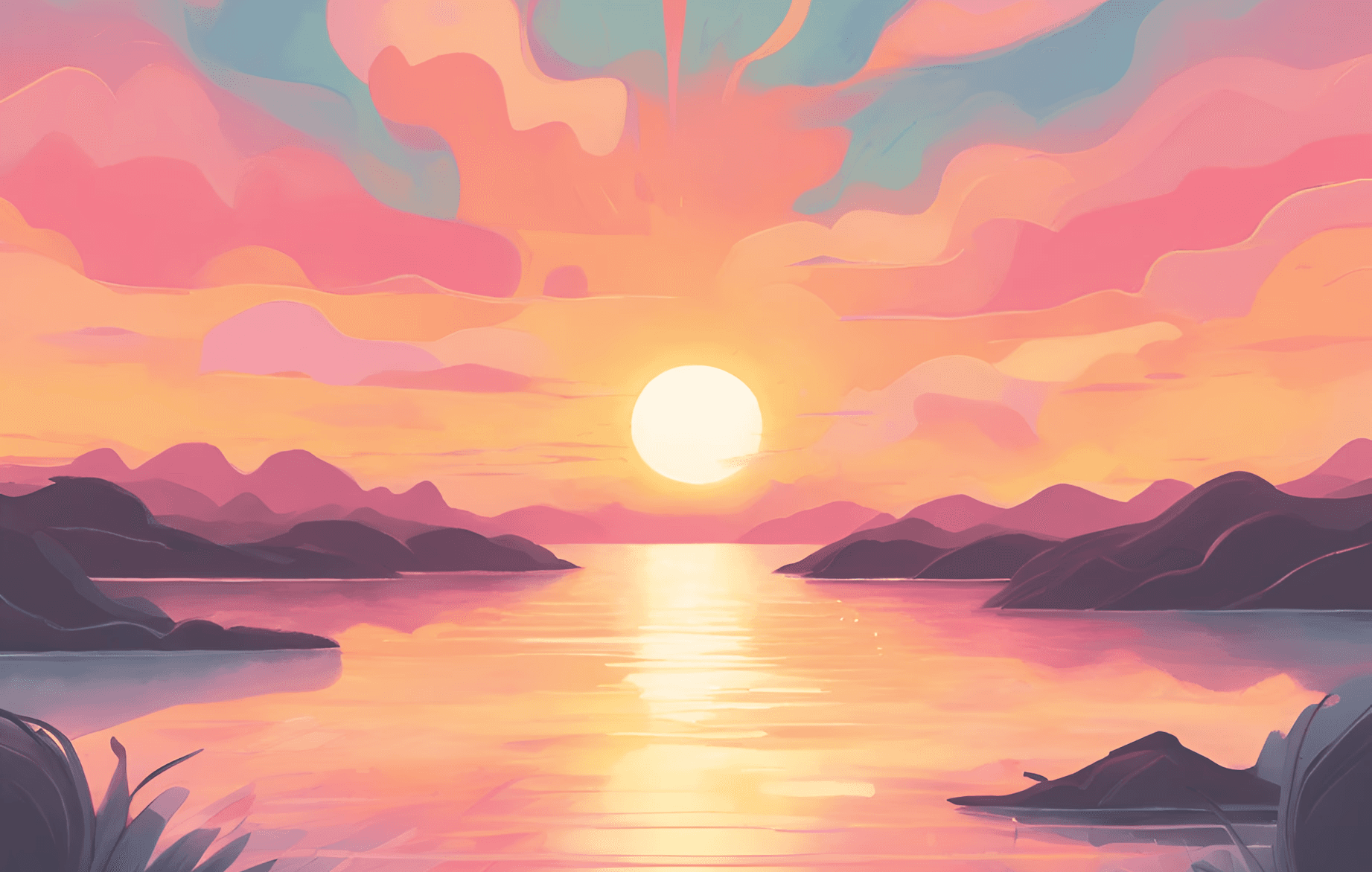 Illustration of sunset or sunrise, symbolising end of a day and beginning of another, reinforcing the idea of daily reflection and continuous growth.