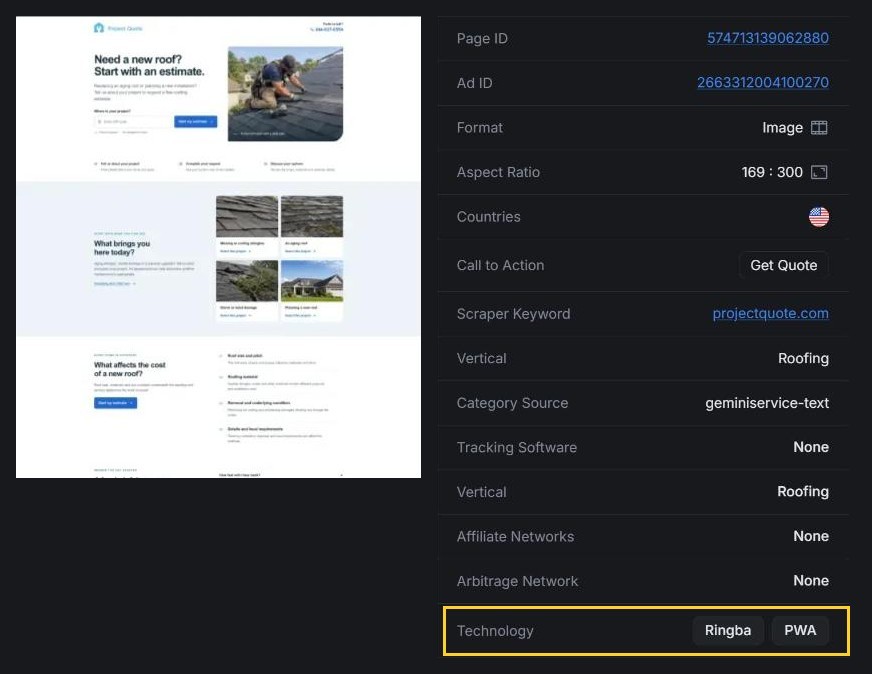 Project Quote's roofing quote page and its details in AdPlexity Social: Technology lists Ringba