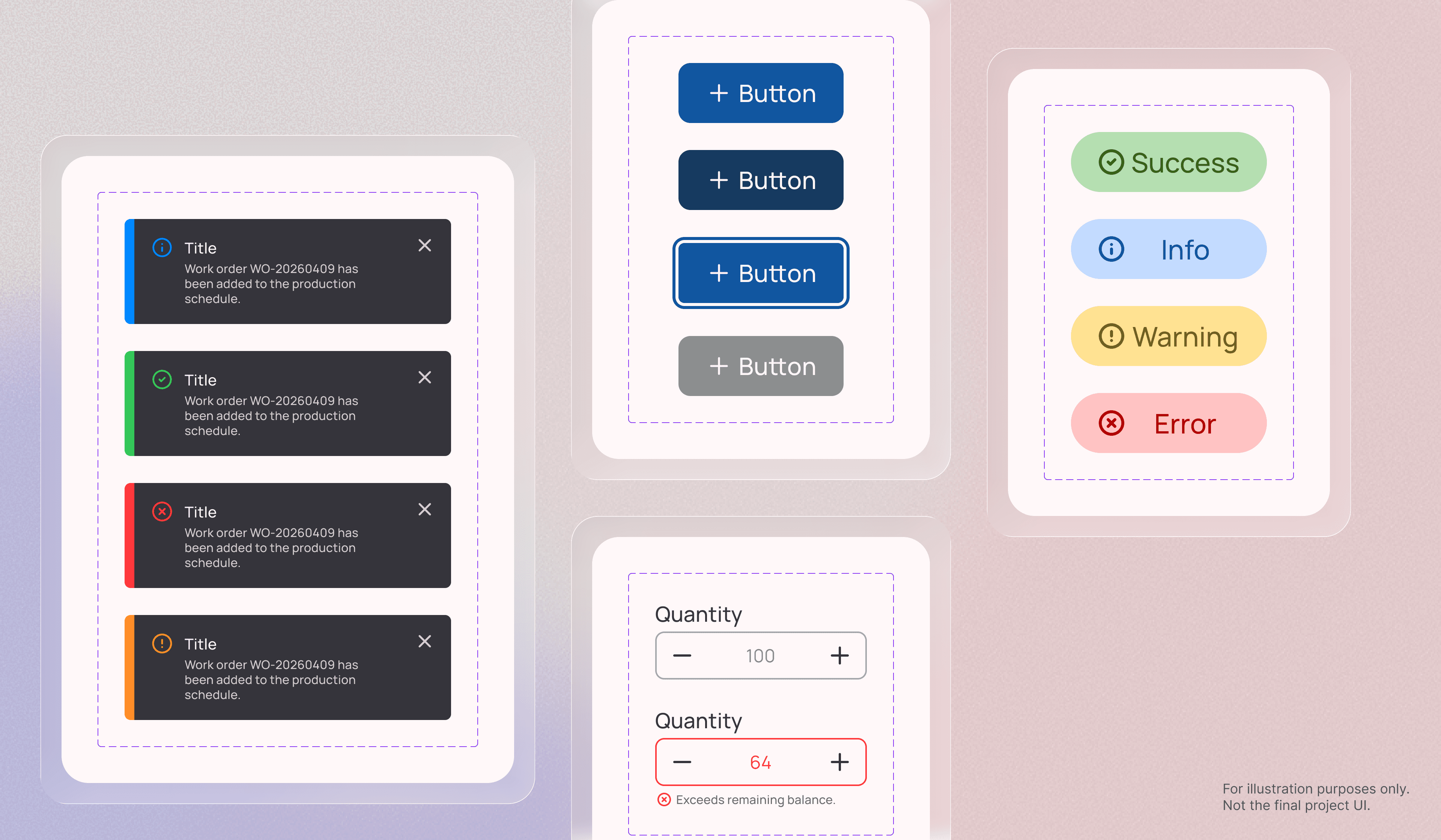 Design system components overview showing Toast notification, Button, Chip tag, and Number Stepper
