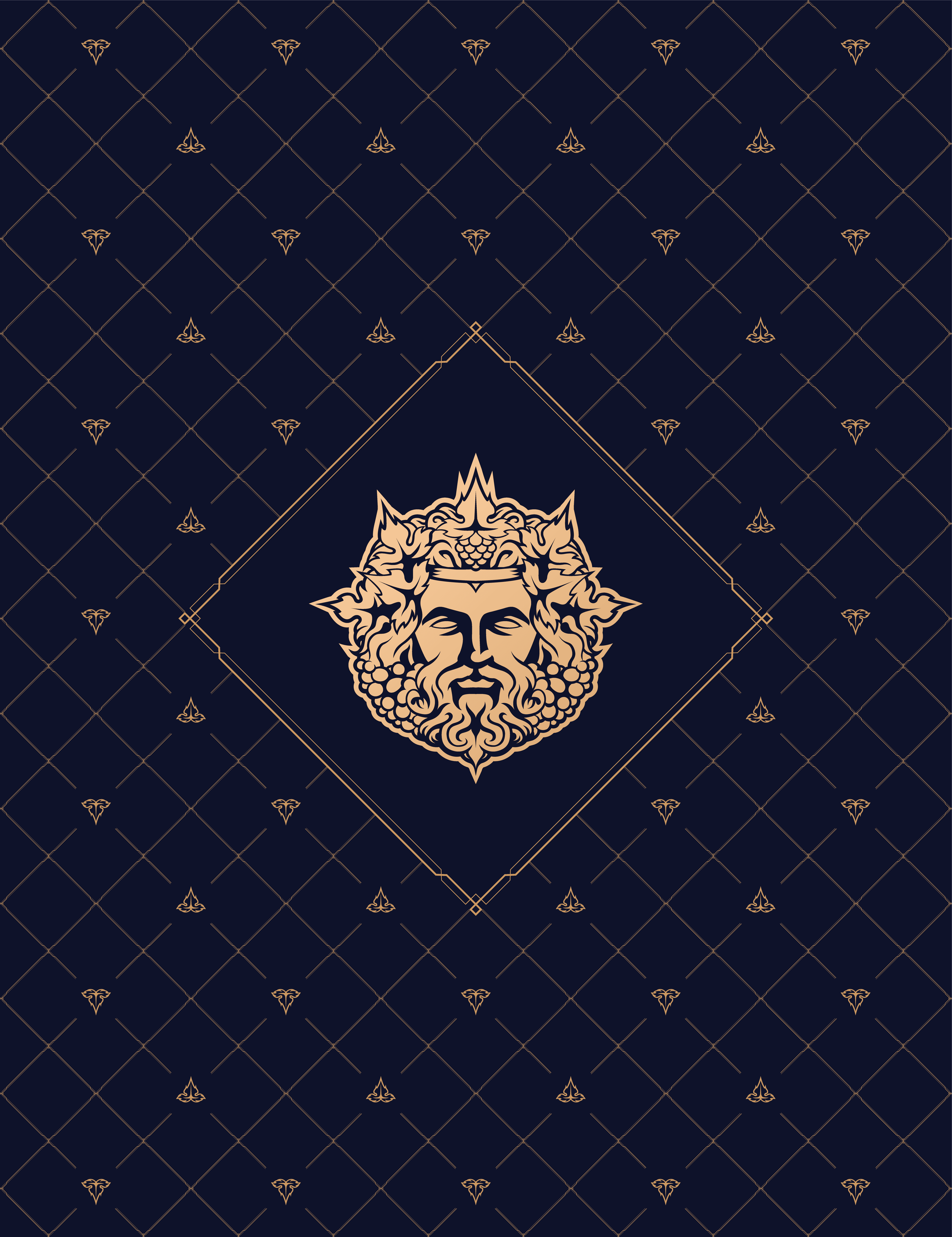 Luxury gold emblem logo with crowned face illustration on dark navy geometric patterned background design.