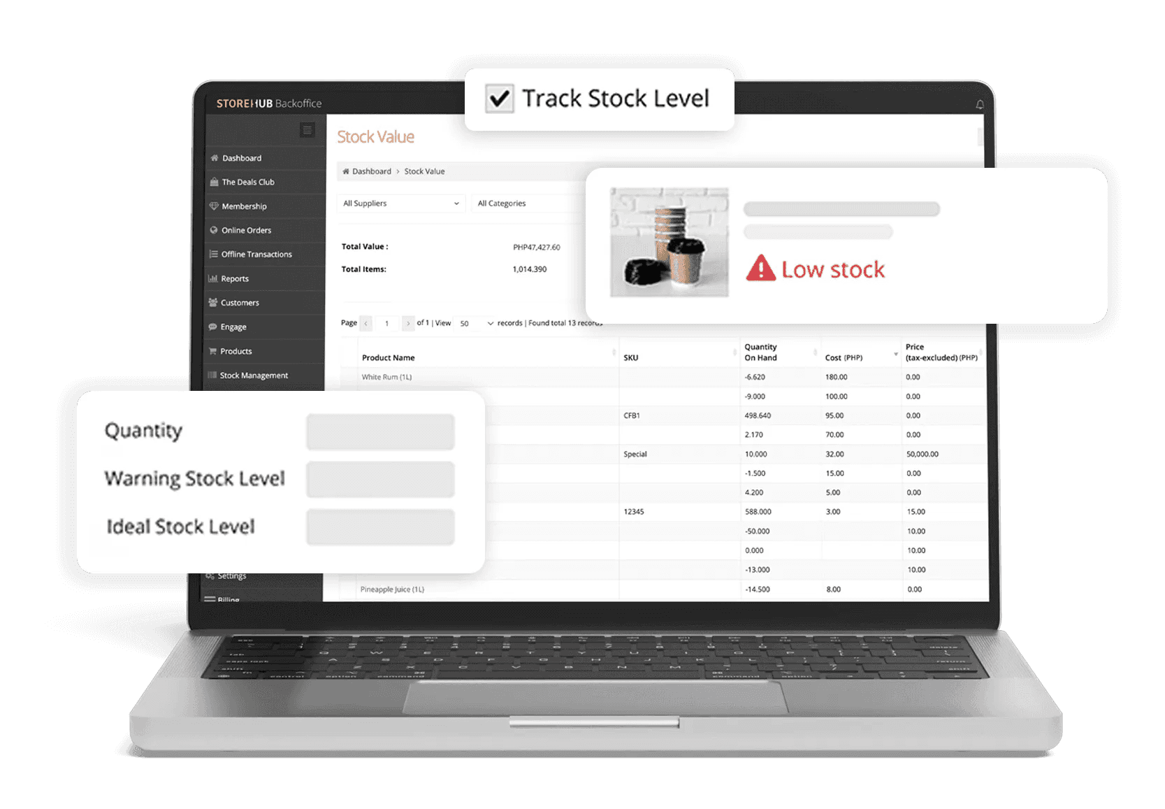 Laptop displaying inventory management software with low stock warning.