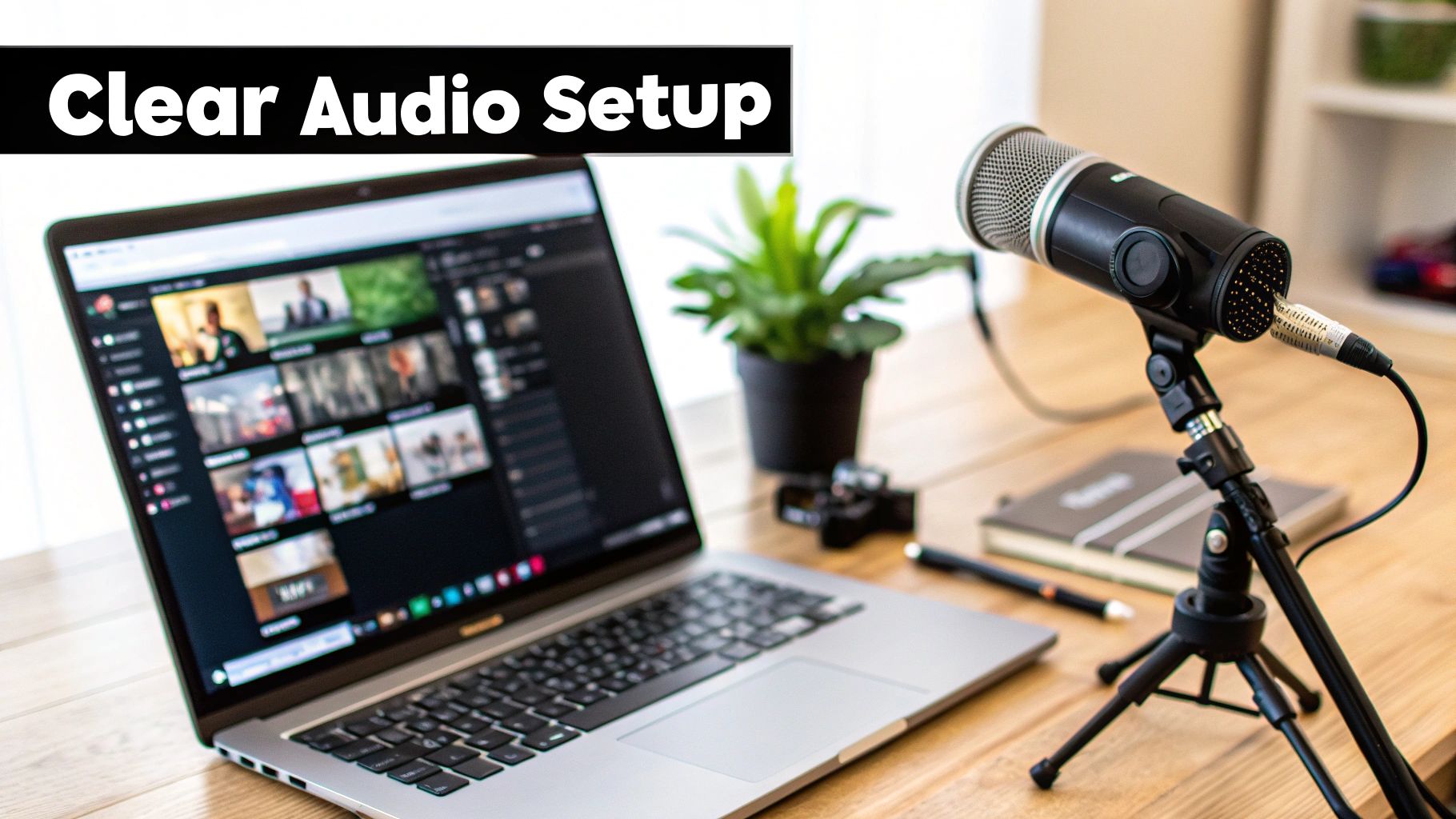A desk setup with a laptop showing video content and a professional microphone for clear audio recording.