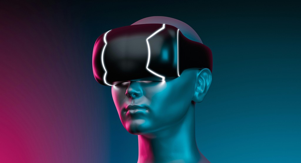 A stylized 3D rendering of a person wearing a virtual reality headset, illustrating the immersive experience of VR technology, with a futuristic color scheme featuring blue and pink lighting.