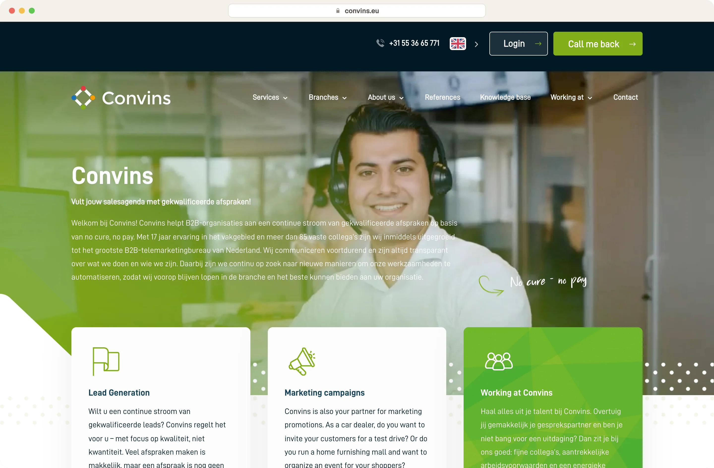 Homepage van Convins, een Nederlands bureau voor appointment setting op basis van no cure no pay, waar je alleen betaalt voor meetings die hebben plaatsgevonden