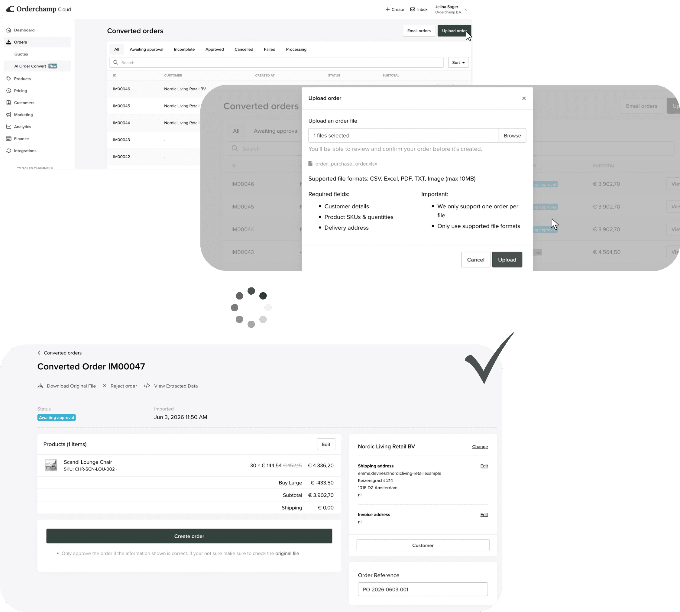 Orderchamp Cloud interface showing AI Order Convert: an order file is uploaded, processed, and converted into a reviewable order ready for approval