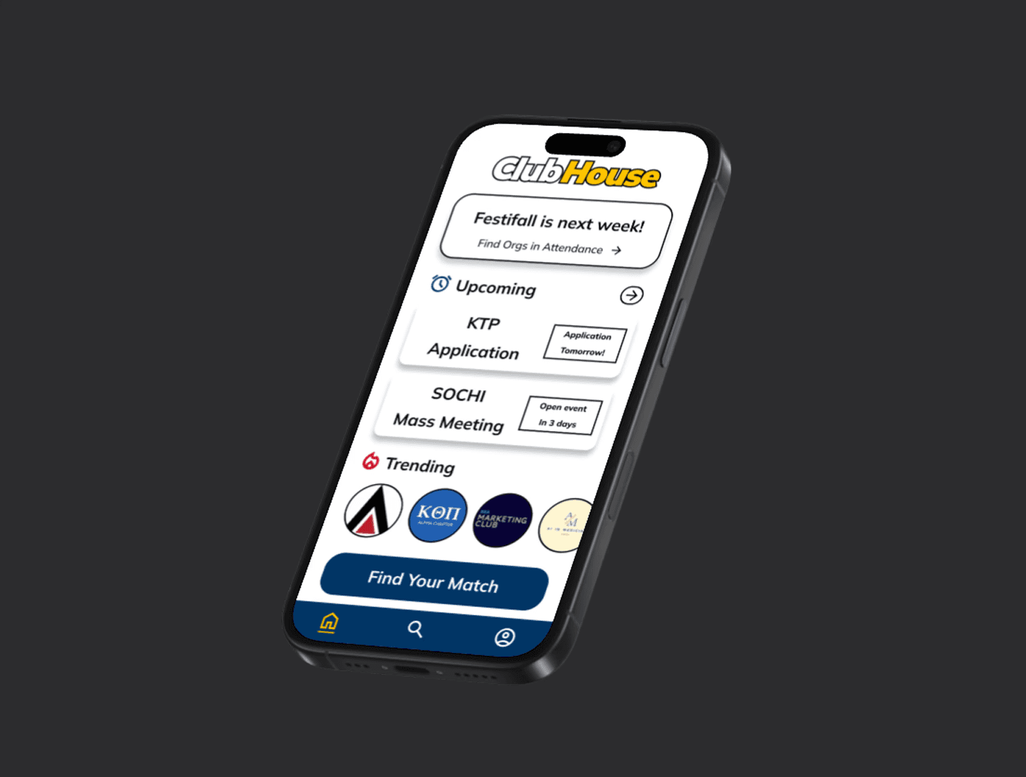Phone Mockup of ClubHouse Home Page