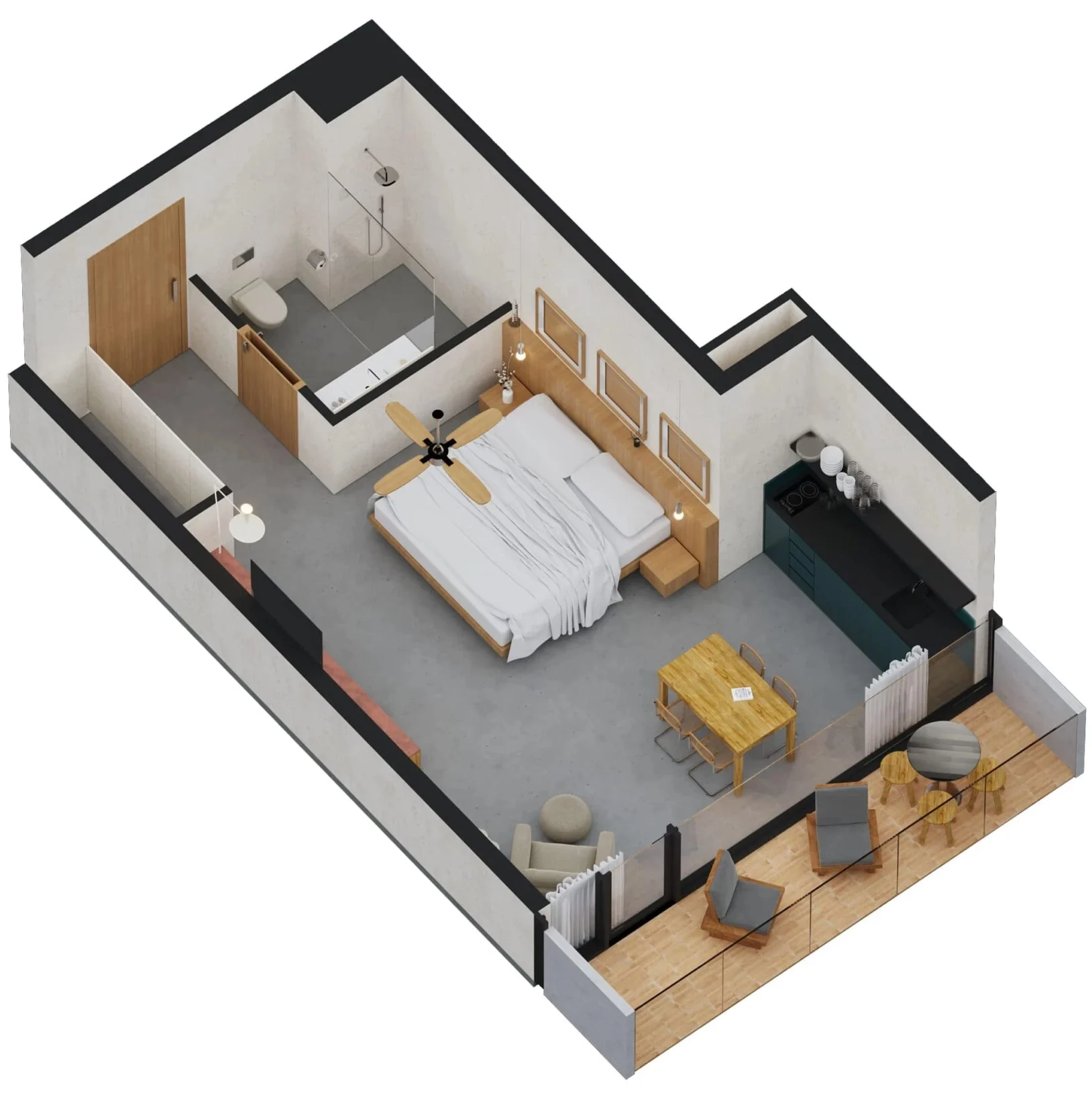 Bright studio with compact kitchen, lounge space, and a long balcony.