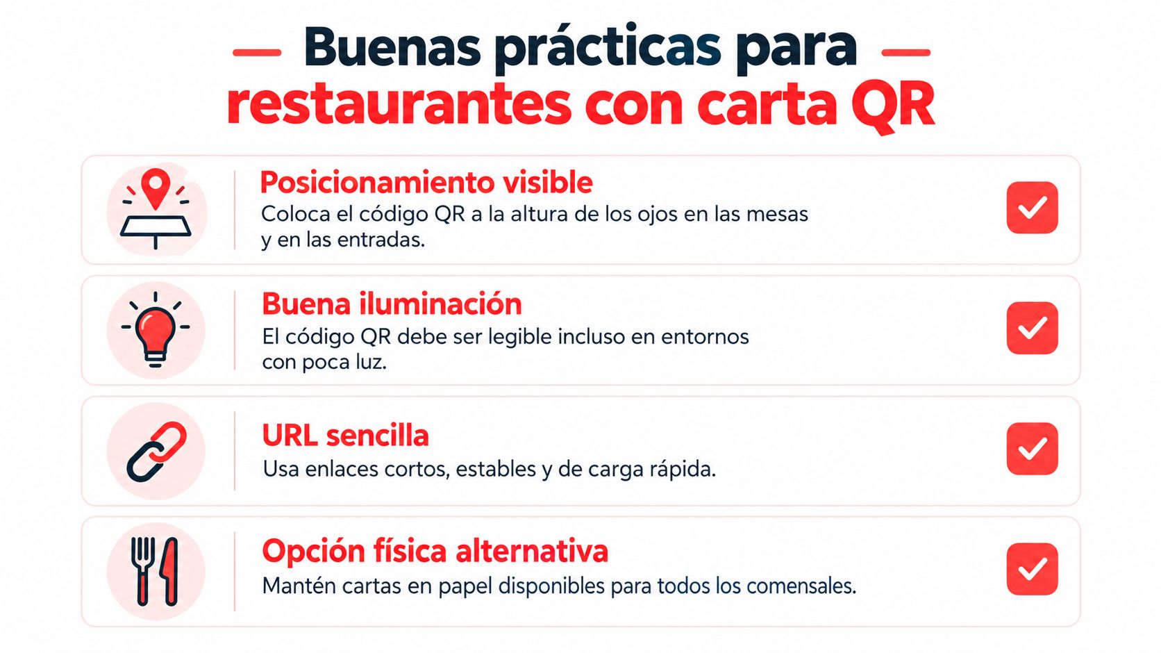 Infografía sobre mejores prácticas para implementar menús digitales con códigos QR en restaurantes y establecimientos gastronómicos.