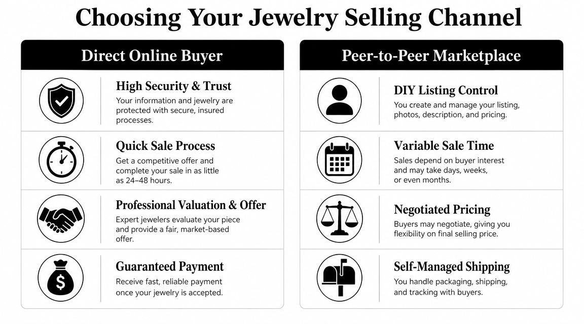 A comparison chart outlining the pros and cons of choosing a direct online buyer versus a peer-to-peer marketplace.