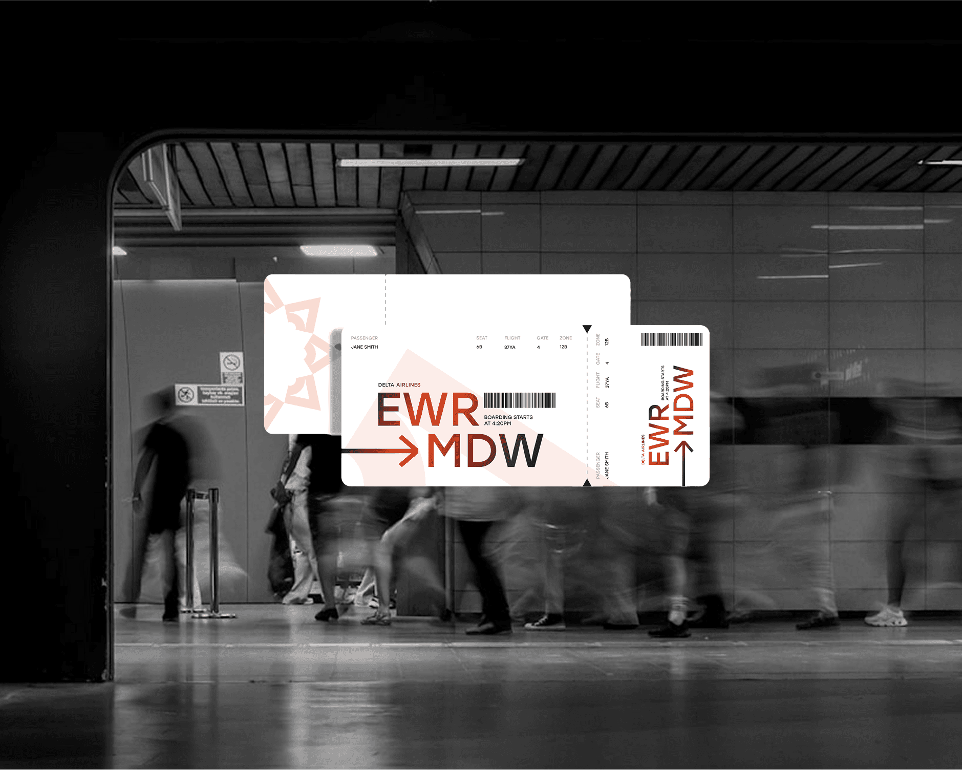 Crowds of people move quickly through a busy airport terminal, with large, translucent boarding pass graphics overlaying the scene, displaying flight details including EWR to MDW in bold red letters.