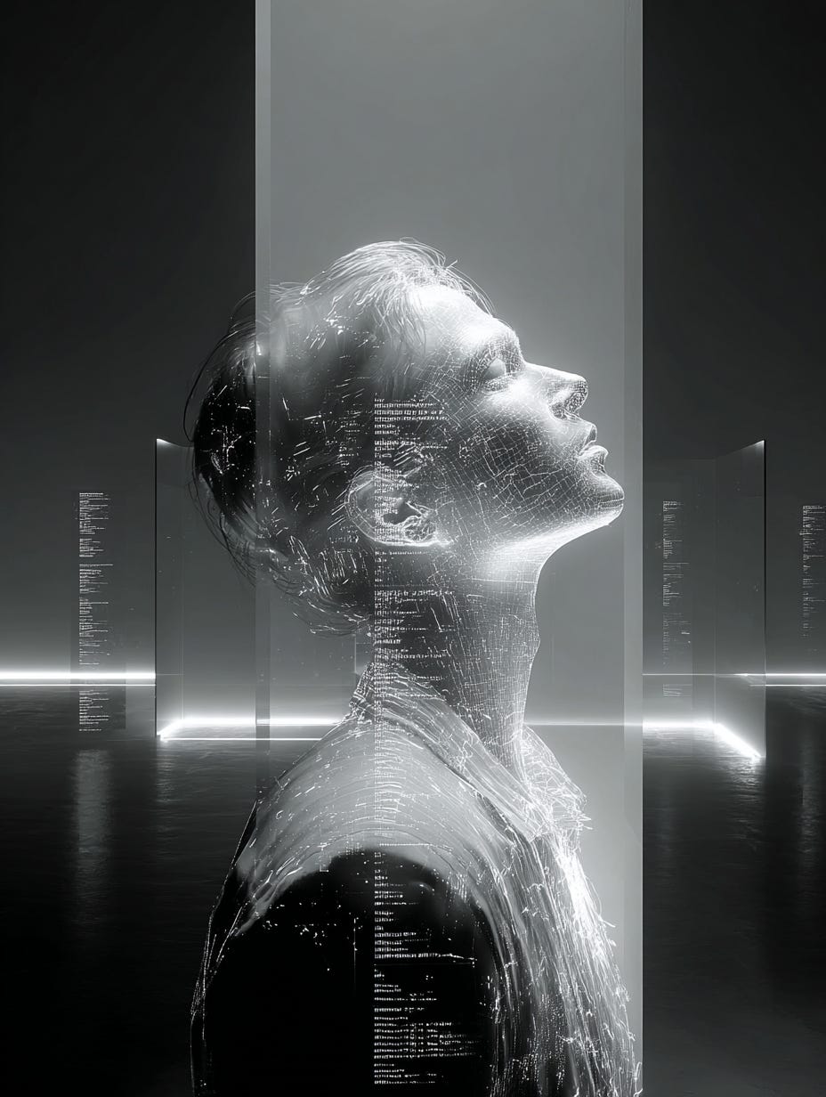 A striking, high-contrast grayscale image of a human profile looking upward, composed entirely of glowing digital wireframes, neural data points, and shimmering crystalline particles. The figure appears to be dissolving into a dark, futuristic void filled with vertical light beams, symbolizing the fusion of human consciousness with generative AI.