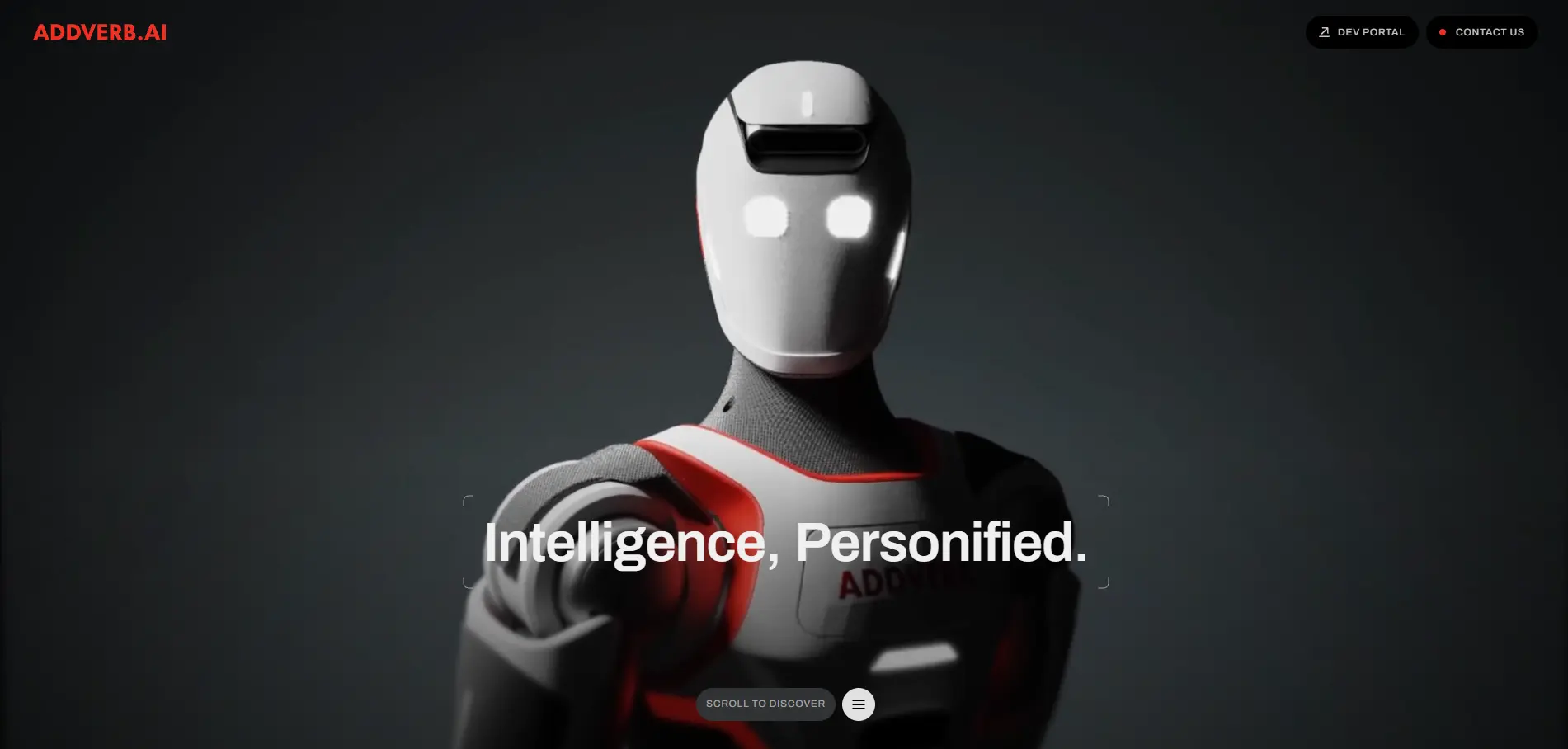 Addverb.ai homepage showcasing a cinematic 3D robot hero section with bold typography and premium product presentation.