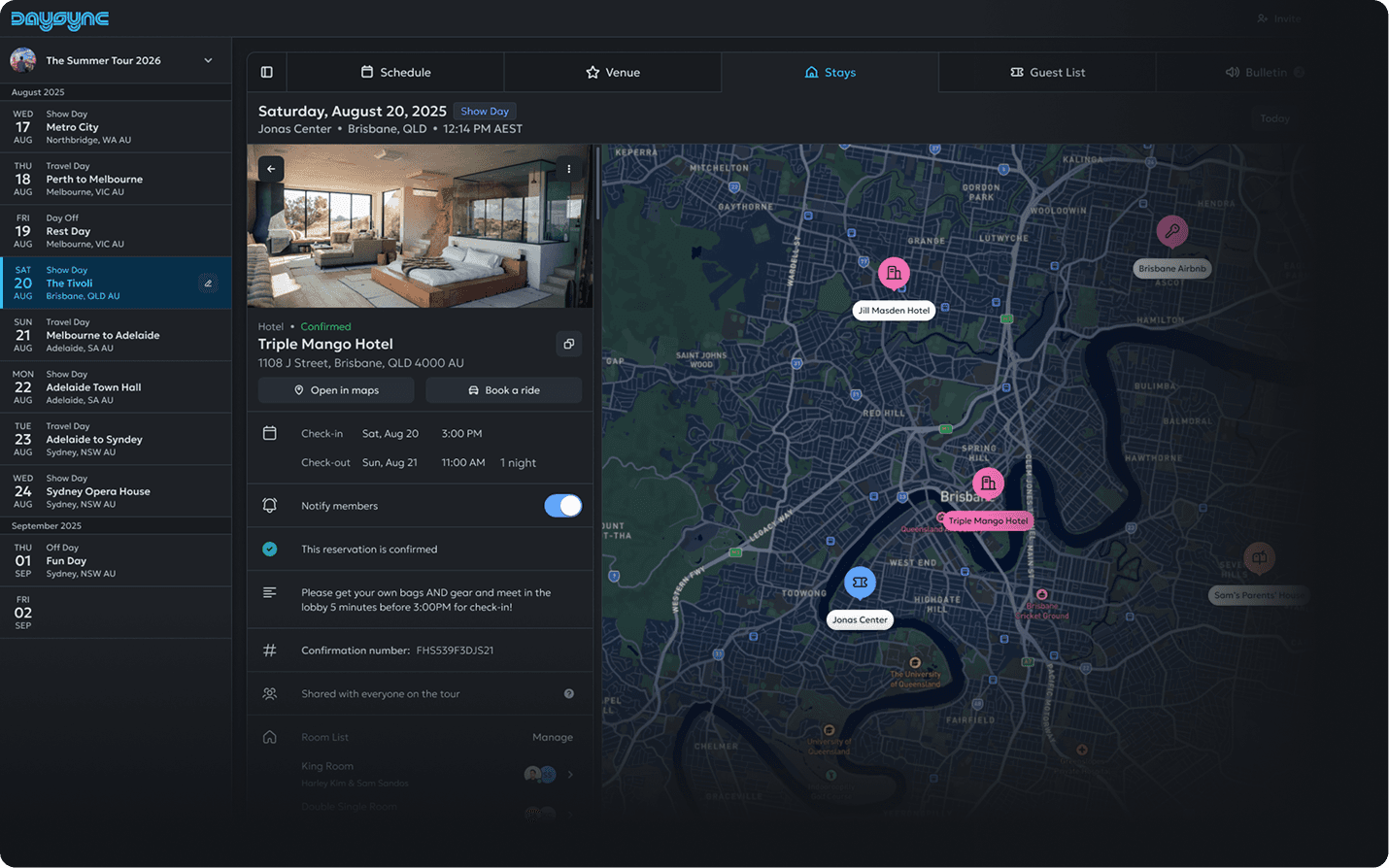 The DaySync tour management web app, showing the detailed 