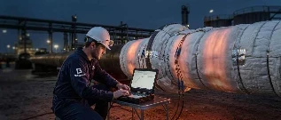 Glospech PWHT technician monitoring post-weld heat treatment  temperature curve on pipe wrapped in ceramic fibre insulation  blankets at a Vaal Triangle refinery
