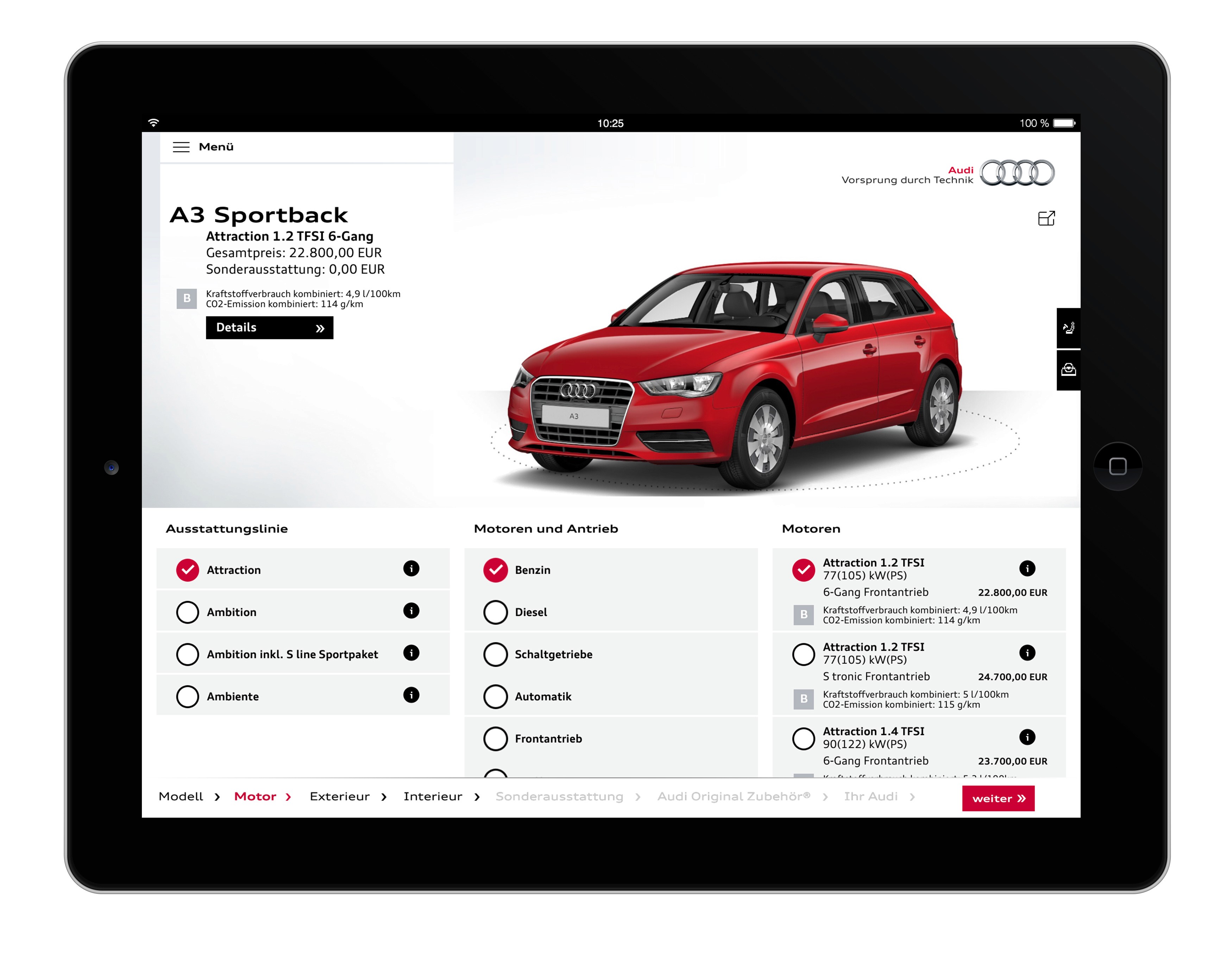 Audi A3 Sportback displayed on a tablet with interactive car configurator options.