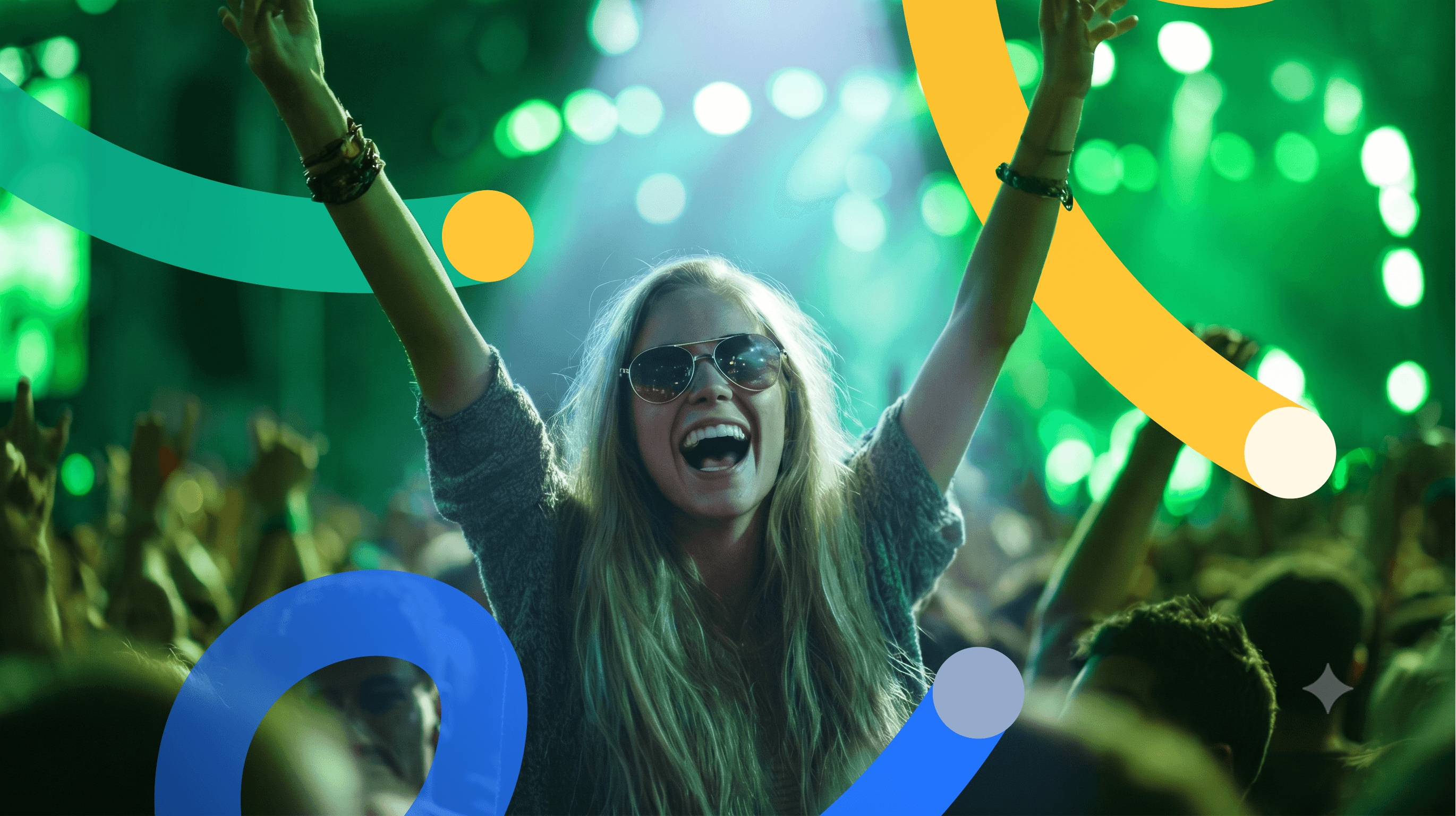A woman with blonde hair and sunglasses cheers with arms raised at a crowded music festival with bright green stage lights and colorful graphic lines.