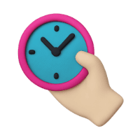 A hand holding a colorful clock with a pink frame and blue face, displaying time.