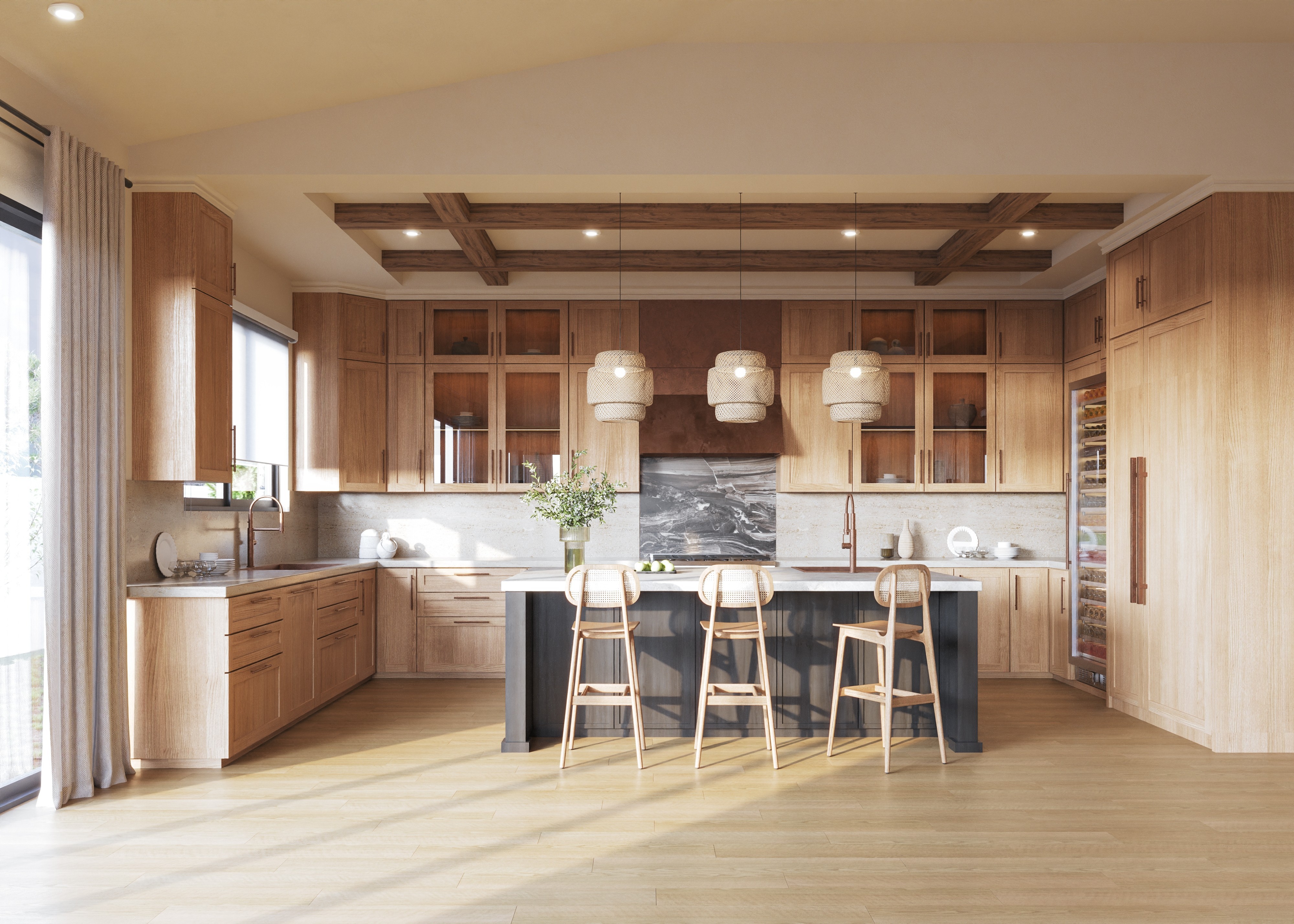 3D kitchen rendering with oak cabinets and dark island — home remodel rebuild Pacific Palisades CA