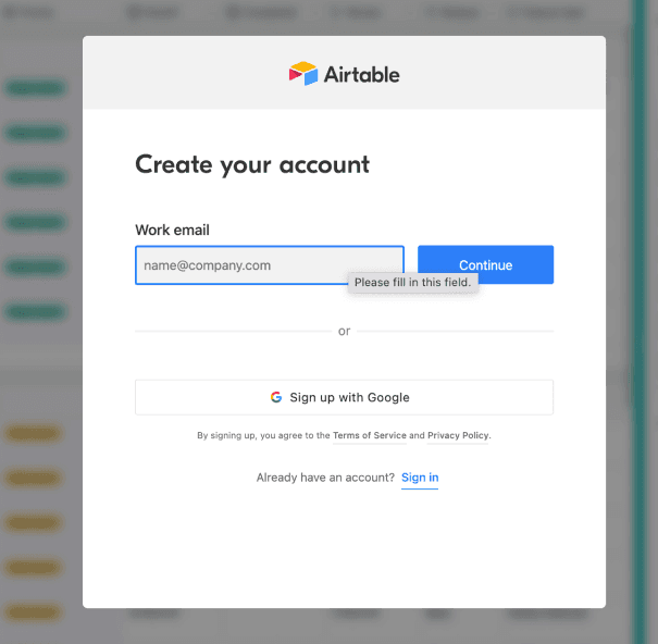 Create an account on Airtable