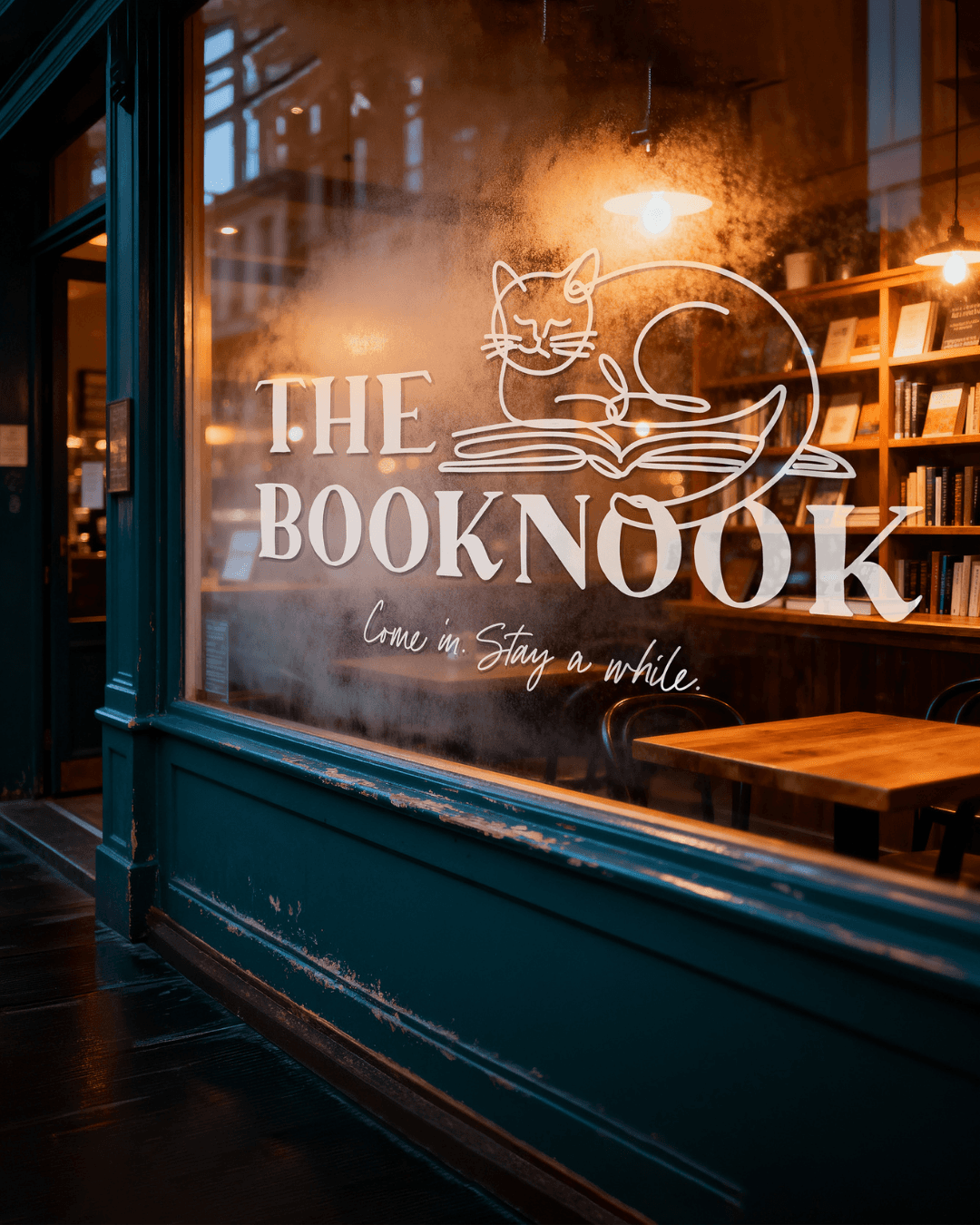 A bookshop window at night with THE BOOKNOOK logo and tagline etched in white, warm amber light glowing from inside revealing shelves of books.