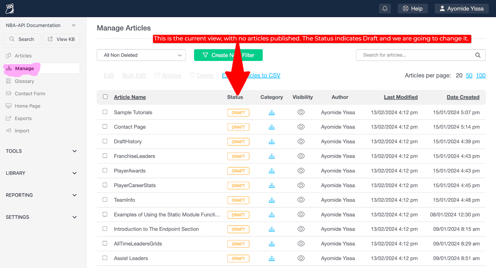 Screenshot 1 of 4 that shows aspects of KnowledgeOwl’s “Manage Articles” page.