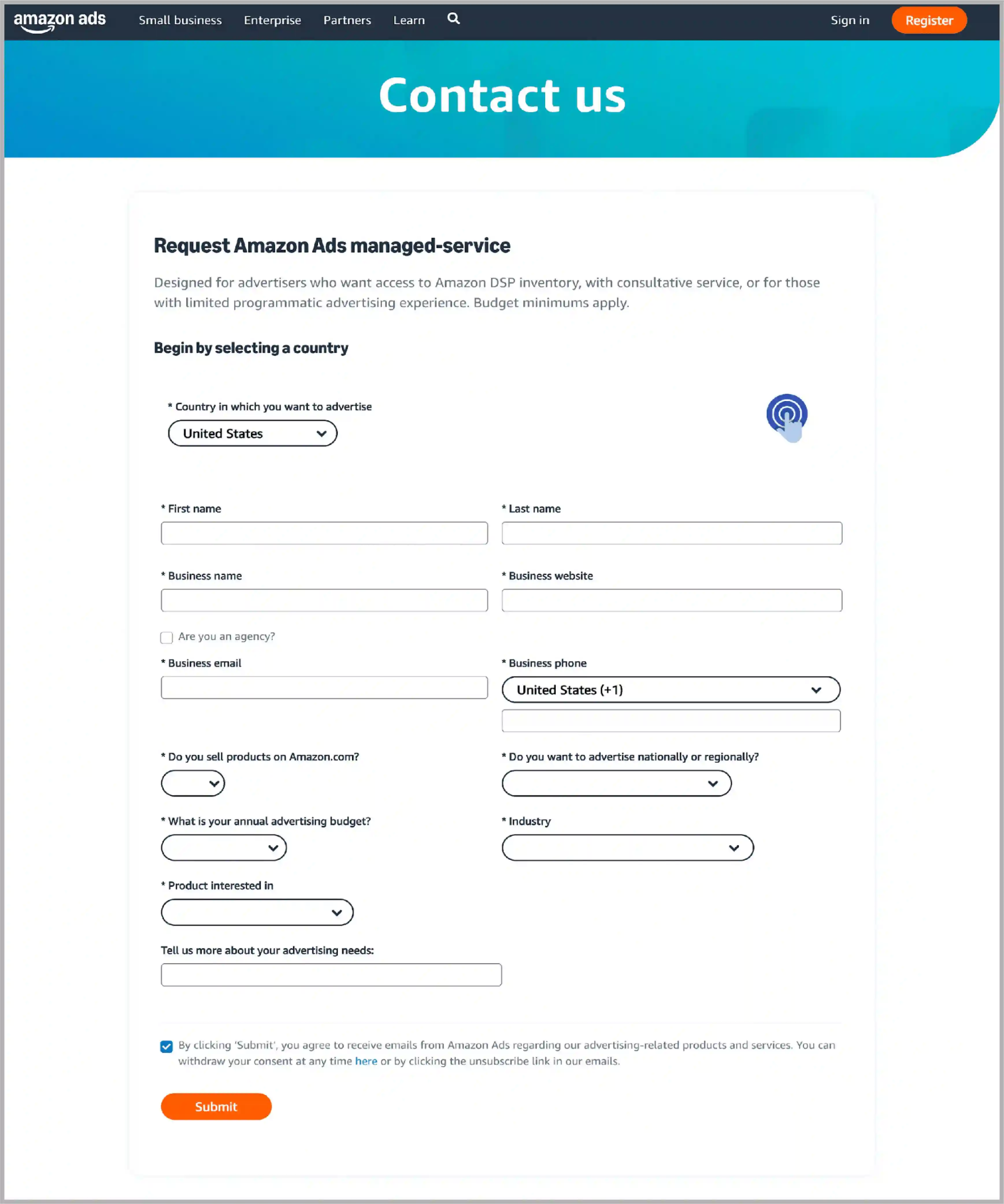 Amazon advertising portal form