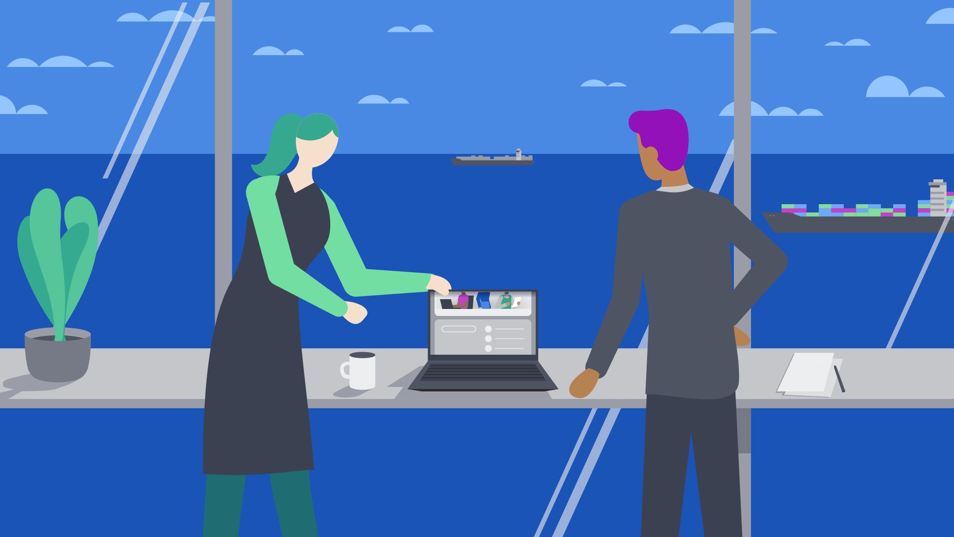 Illustrated view of a office scene that is overlooking the sea with cargo ships on the horizon. Two people are looking on a laptop and discuss something.