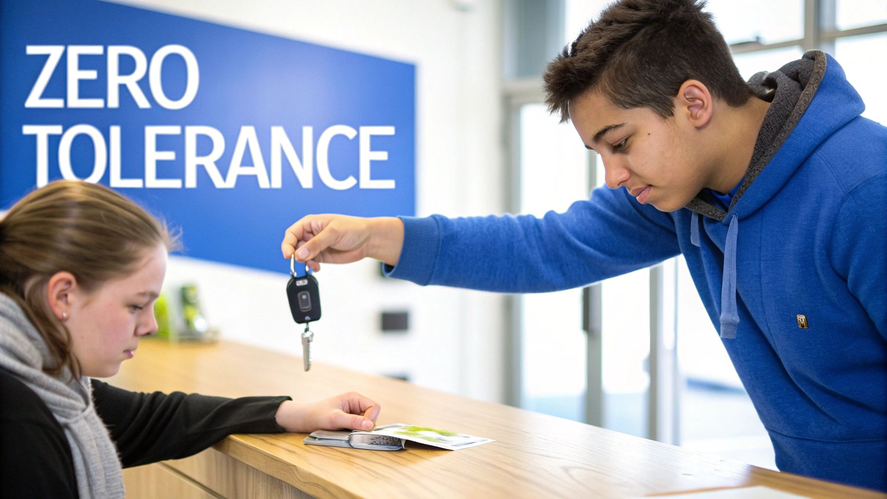 A young man hands car keys to a young woman over a counter, with a 'Zero Tolerance' sign in the background.