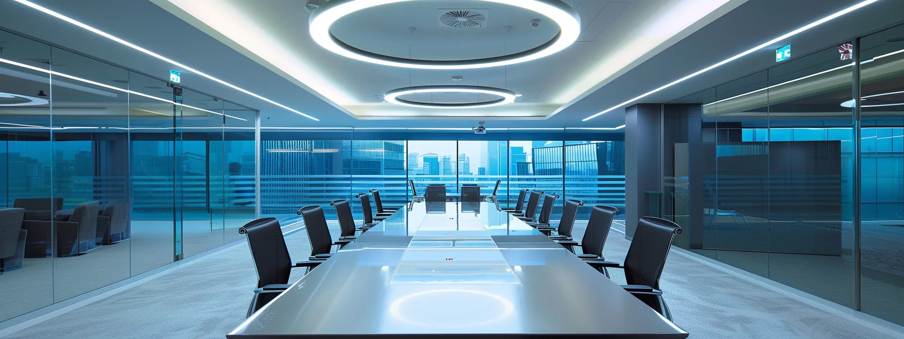 a sleek, modern office space features a large, glass conference table surrounded by ergonomic chairs, illuminated by ambient lighting that highlights innovative technology and strategic collaboration.