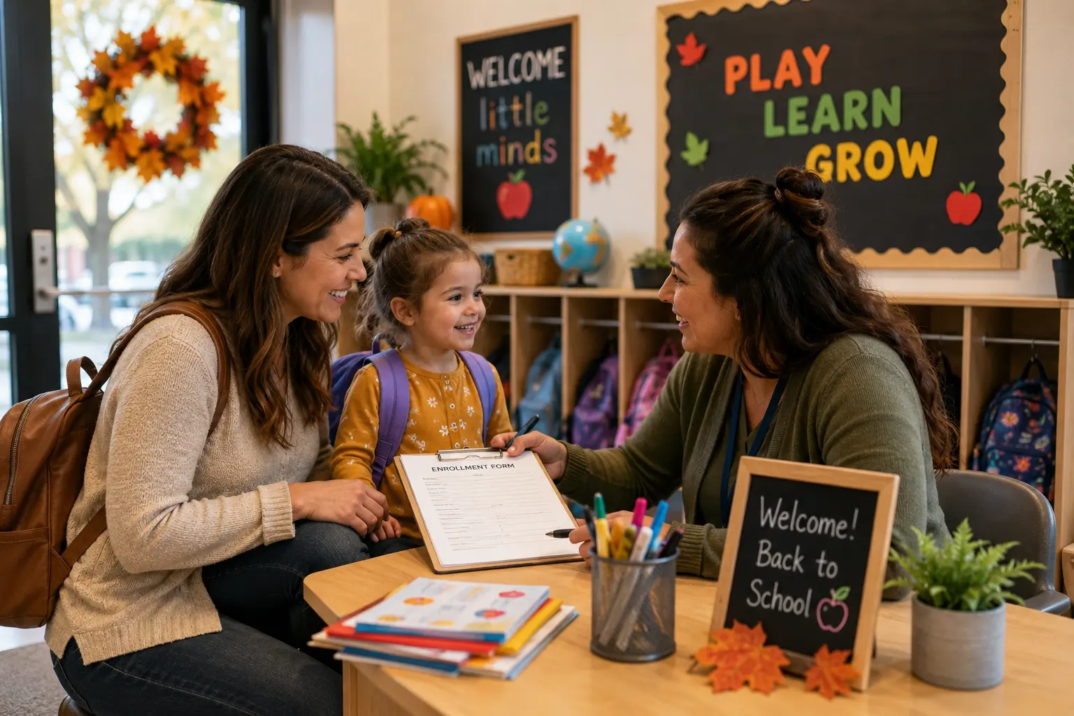 a woman with a child smiles while being handed a clipboard by another woman in a daycare entrance