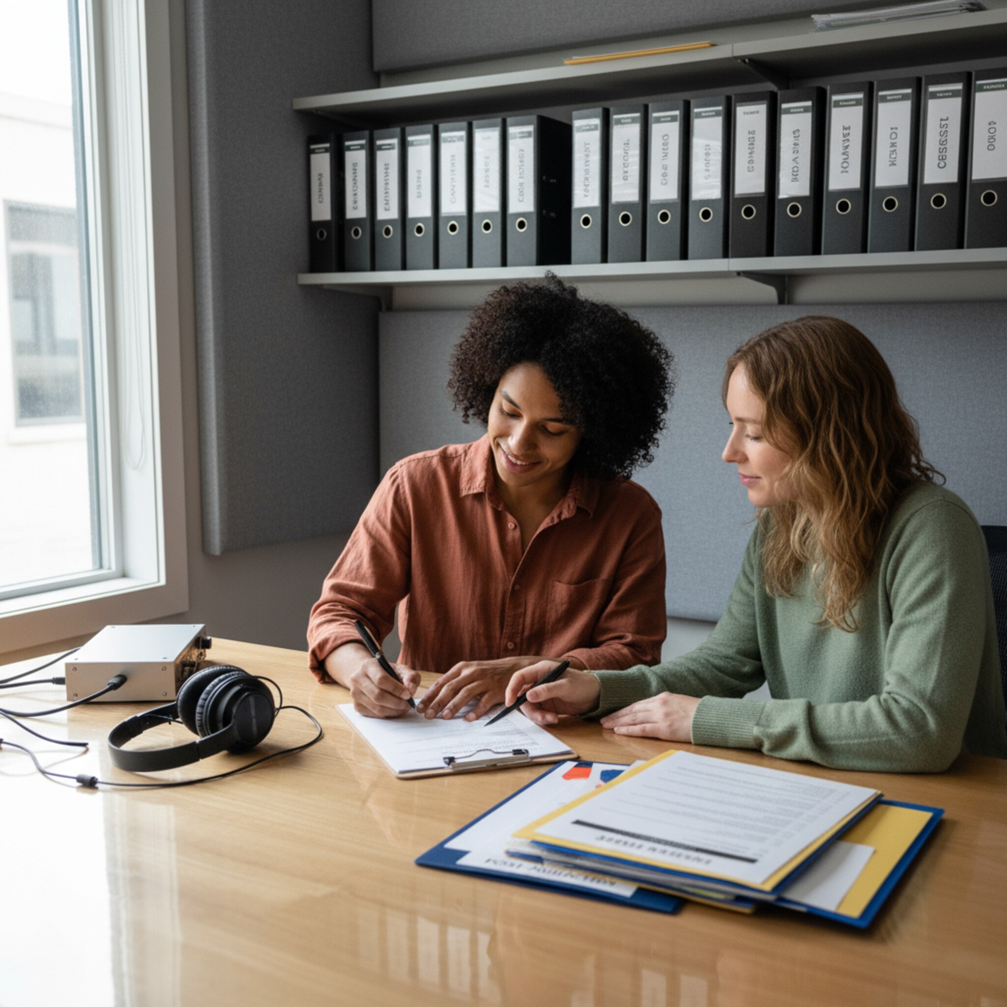 Ein helles Büro mit Ordnern und sauber sortierten Projektmappen. Zwei Personen prüfen eine Checkliste und setzen eine Unterschrift. Es wirkt strukturiert, verbindlich und revisionssicher.