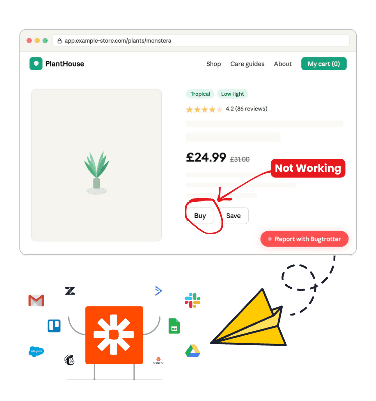 Customer reporting a broken checkout button by sending a Bugtrotter video report directly to Linear