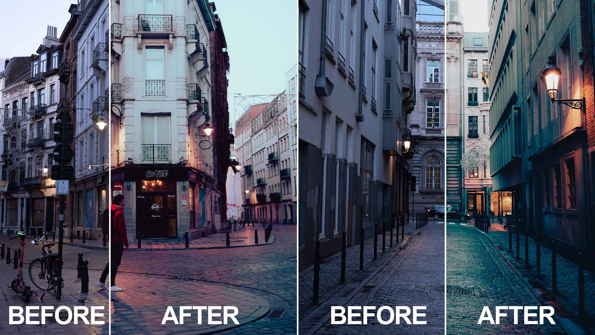 Before and after editing comparisons of belgian street scenes at dusk