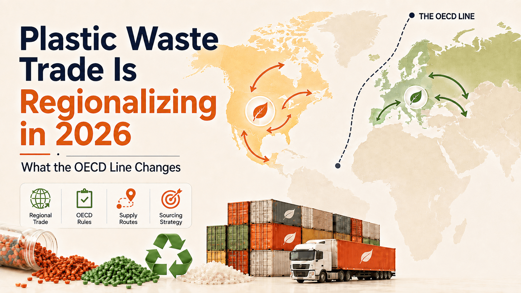 Plastic waste trade regionalization in 2026, showing regional trade flows across North America, Europe, and Asia under changing OECD-related rules.