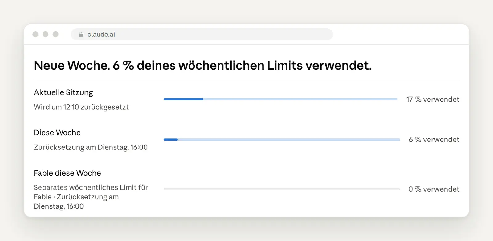 Claude Nutzungsanzeige mit Sitzungslimit und Wochenlimit