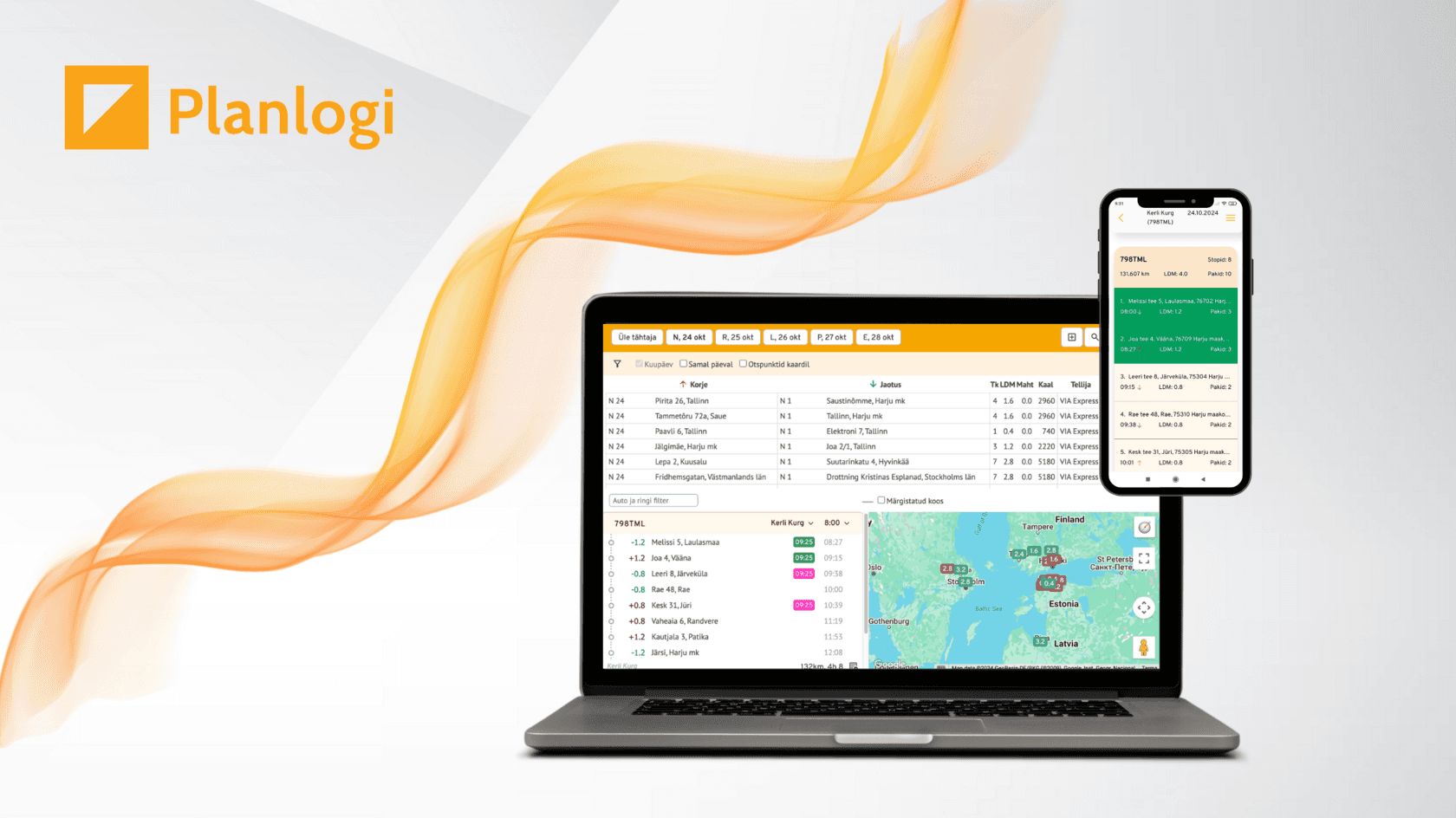 Planlogi logistikatarkvara sülearvutis ja telefonis Planlogi logoga