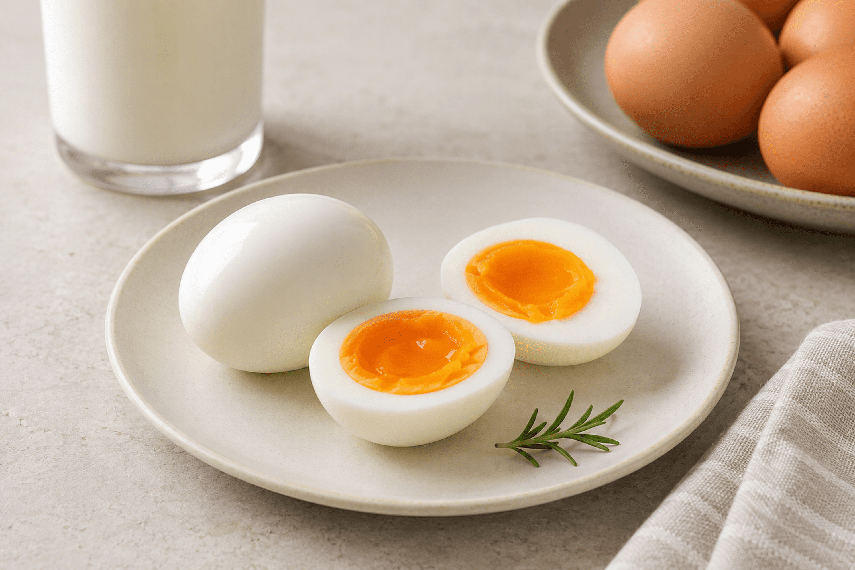 삶은 달걀과 반숙 노른자, 동물성 단백질 식재료의 단정한 컷