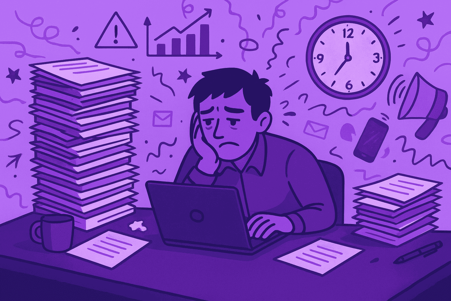 Flat-style digital illustration of a tired worker at a cluttered desk with tall stacks of papers representing multitasking, surrounded by a chaotic environment and a clock showing time passing.