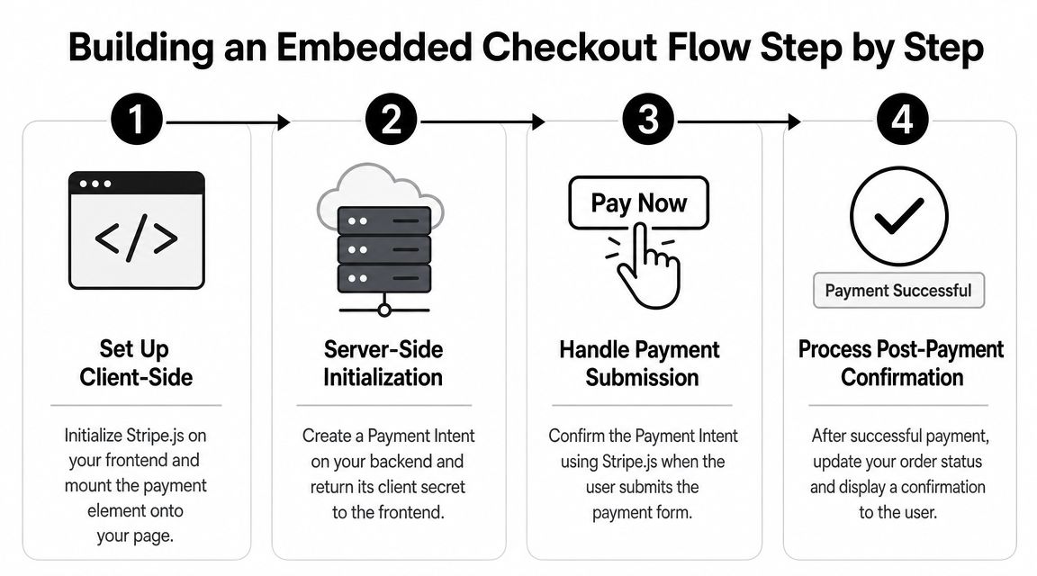 A four-step infographic illustrating the process of building an embedded checkout flow using Stripe technology.