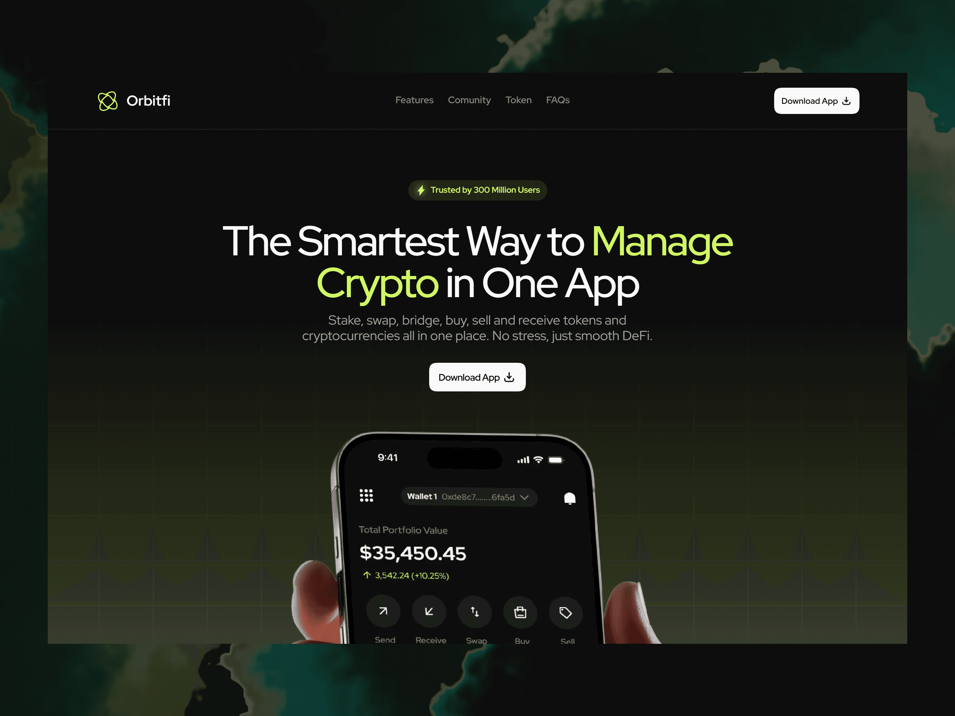 OrbitFi landing page — crypto management app UI showing portfolio balance and Web3 features on a dark green background