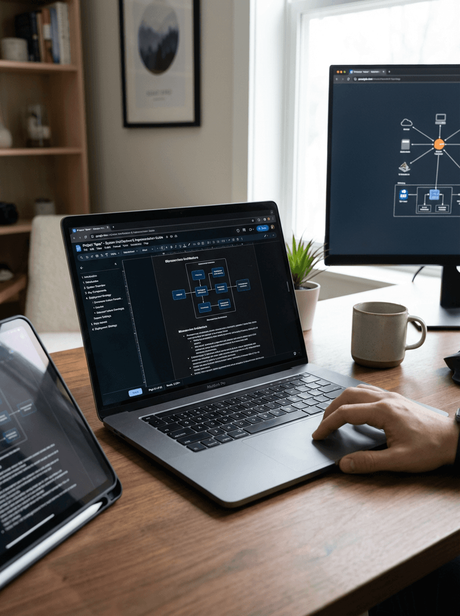 Dual monitors showing technical architecture and documentation