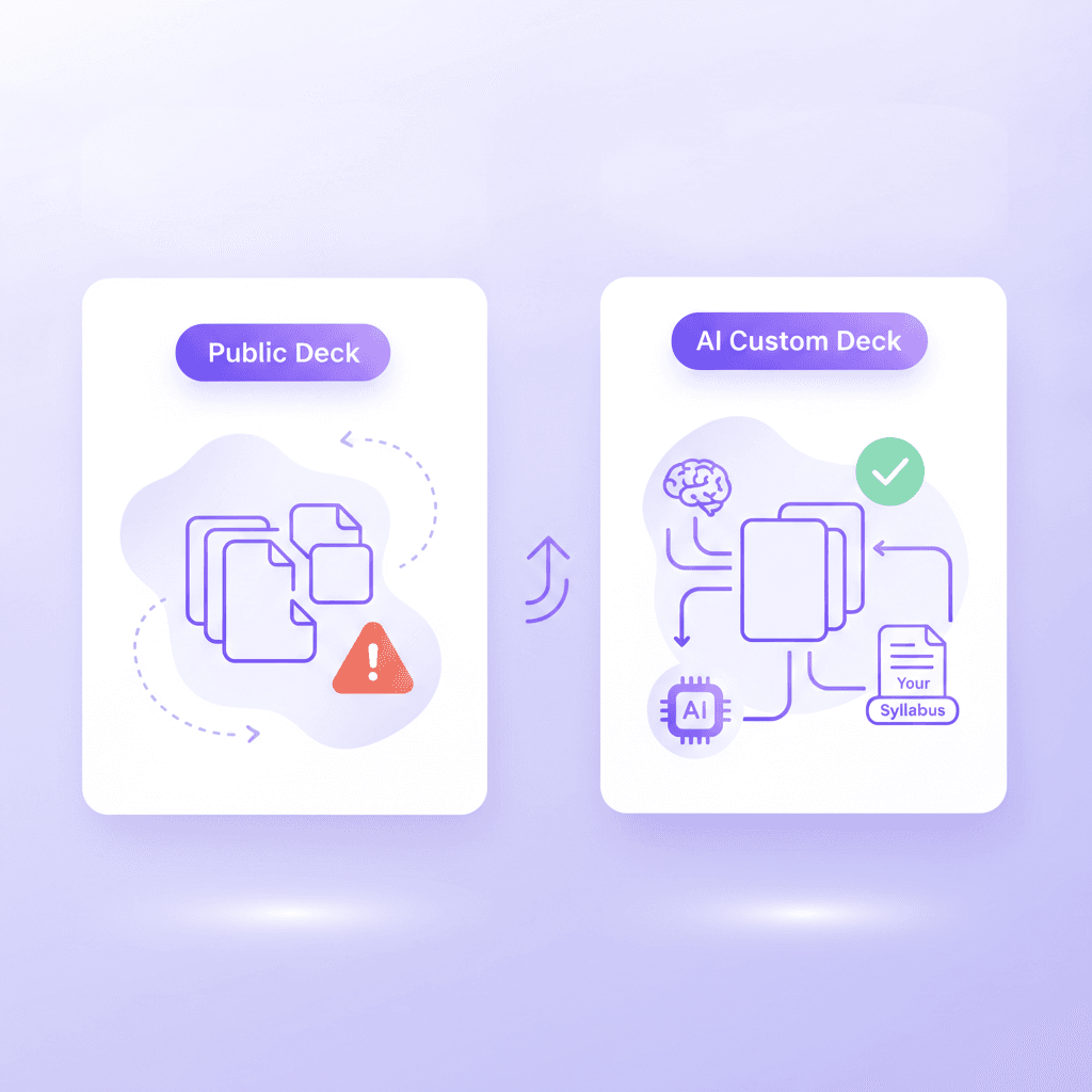 A visual comparison chart. The left side shows a generic "Public Deck" with a warning icon and a mismatched puzzle piece. The right side shows an "AI Custom Deck" with a checkmark and a document labeled 'Your Syllabus' feeding into it.