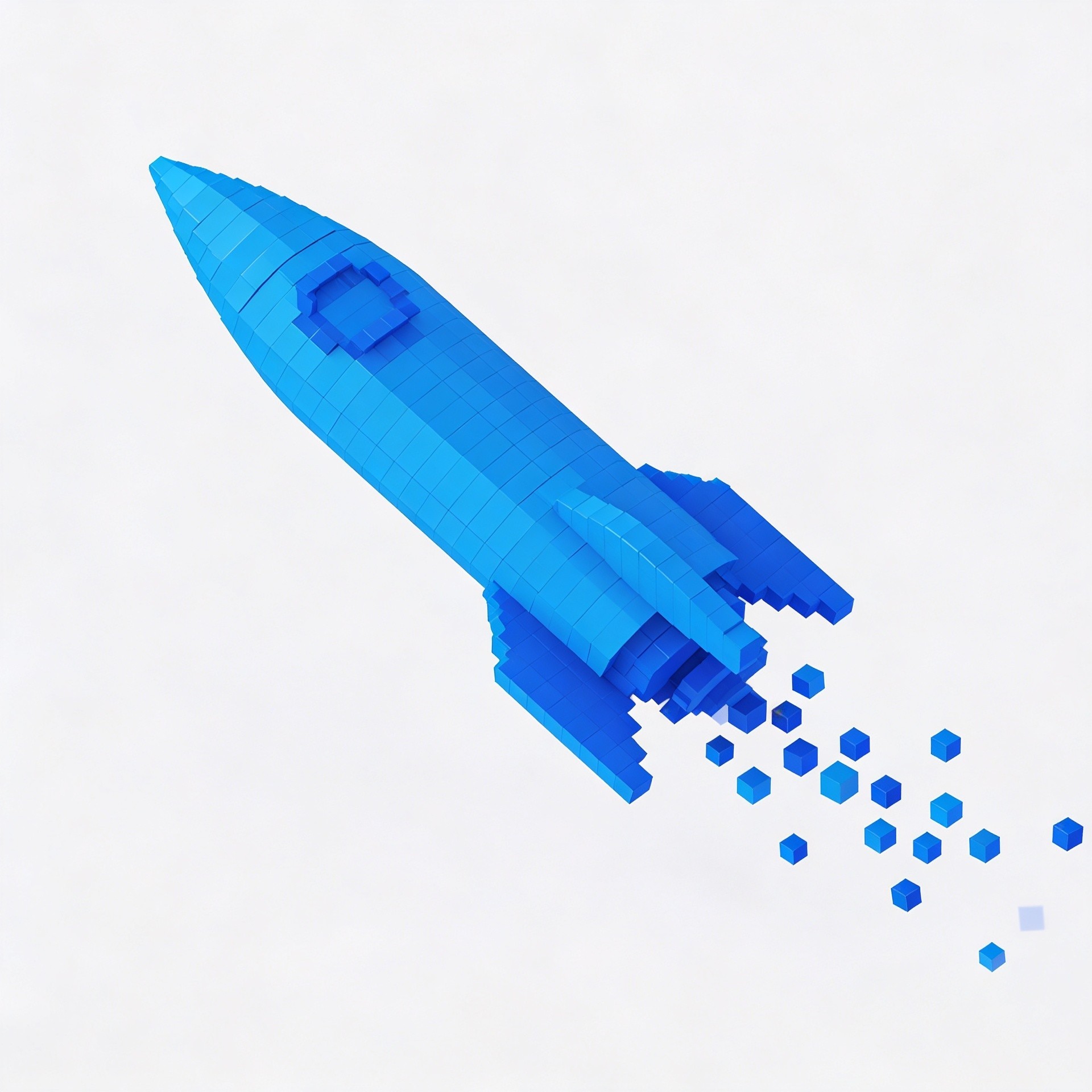 Blue voxel rocket symbolizing templates helping creators launch faster