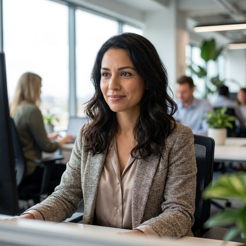 Smiling young woman with long hair standing against a dark green background, holding a finger to her chin.