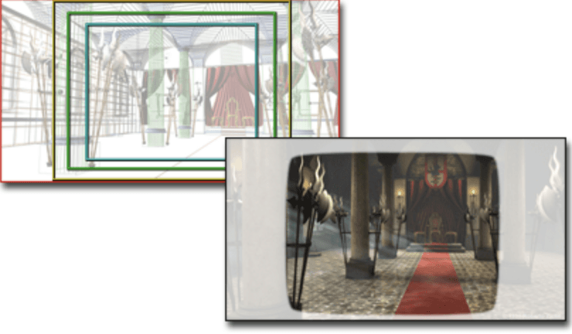 3ds Max viewport safe-frame guides shown alongside the corresponding rendered camera composition.