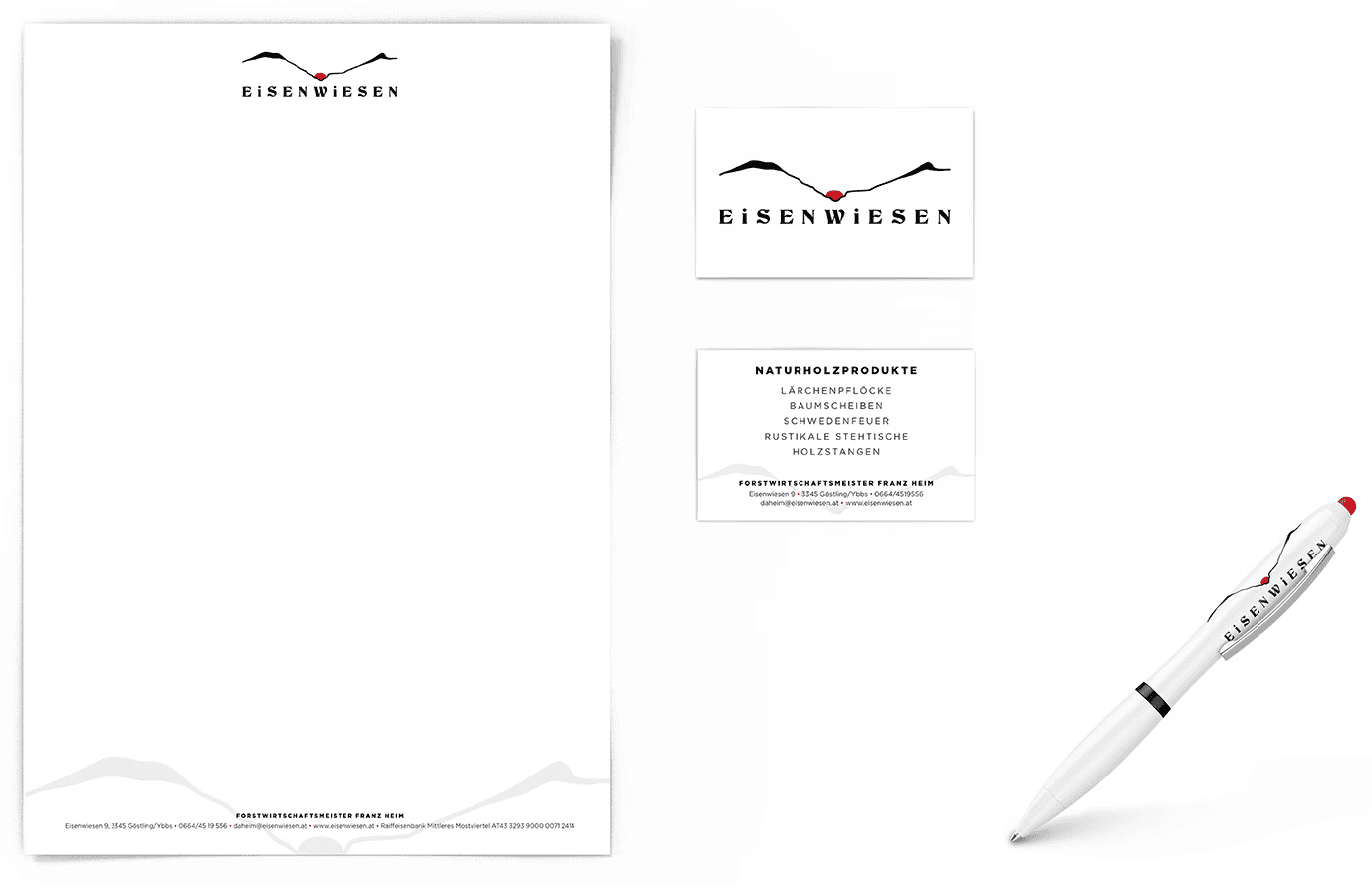 Geschäftsausstattung: Briefpapier, Visitenkarten, Kugelschreiber