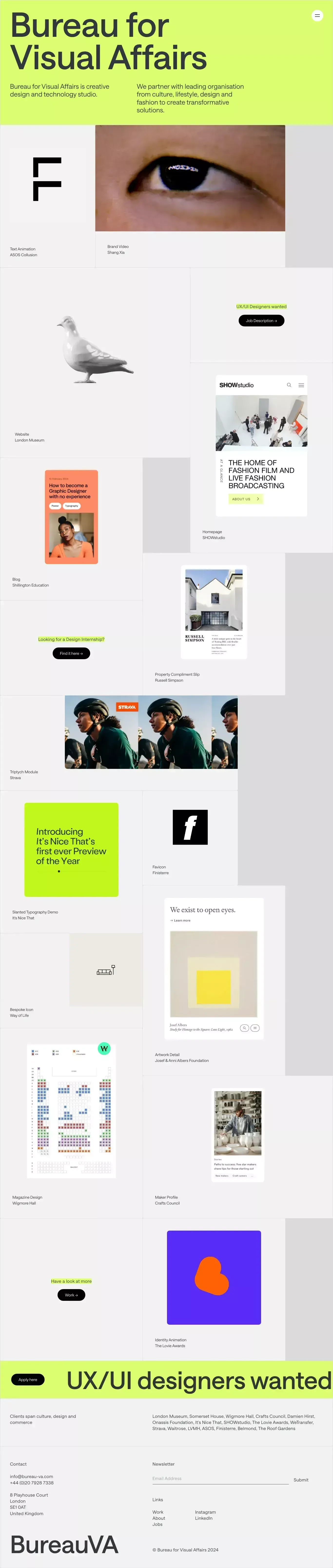 Bureau for Visual Affairs portfolio page screenshot showcasing Design and Tech design