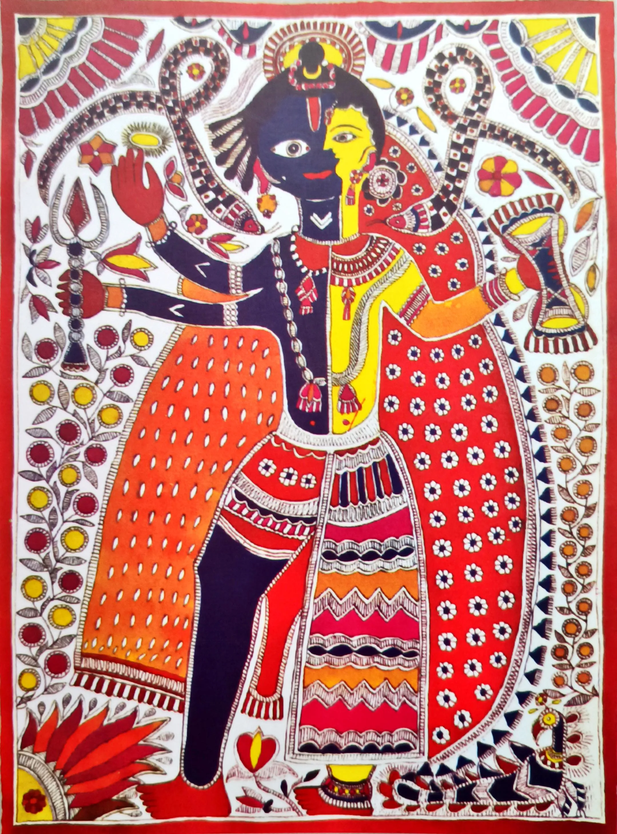 Mithila painting depicting teh concept of masuclinity and feminity both in a person