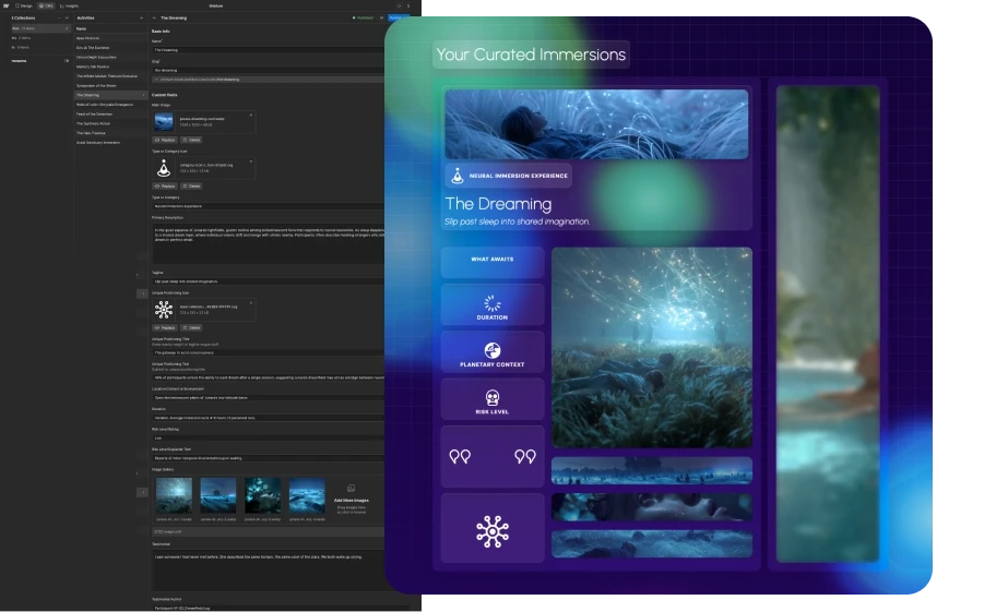 Screenshots of Webflow CMS and accompanying page design