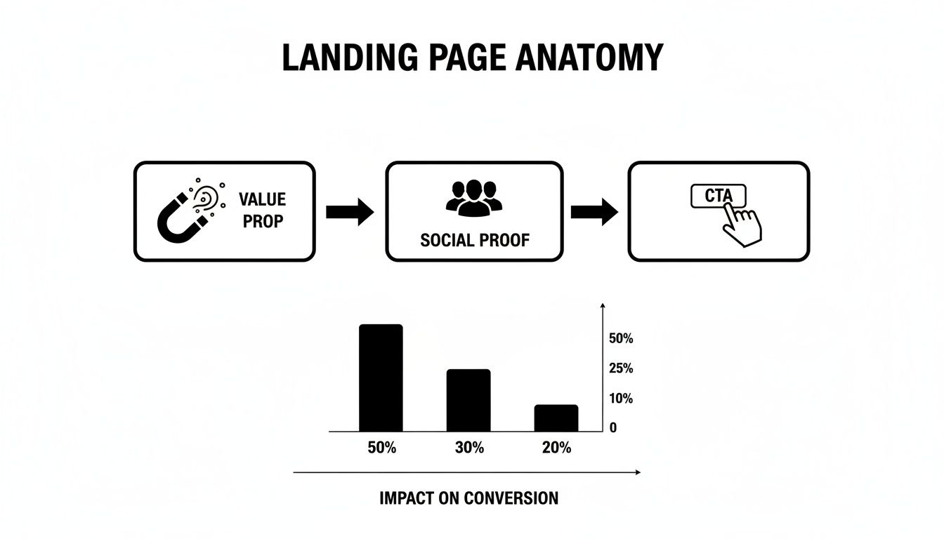 Landing page anatomy diagram illustrating the impact of value proposition, social proof, and CTA on conversion rates.